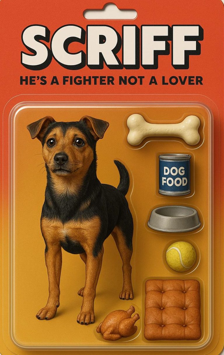 A dog toy packaging featuring a realistic dog, a bone, and treats with the text "SCRIFF".